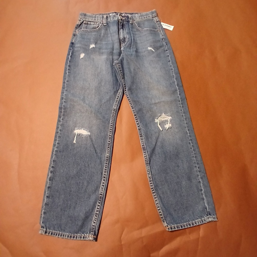 Old Navy Girls 16 Medium Wash Denim High-Waist Slouchy Straight Ripped Jeans NWT